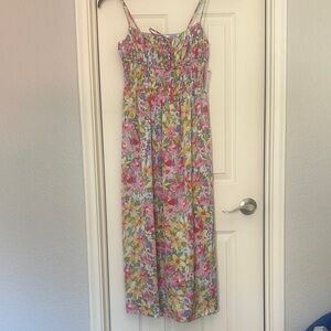 ASTR Satin Floral Sundress Maxi with Smocked Bodice